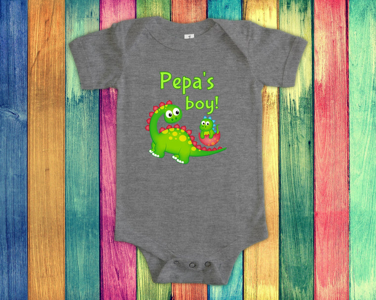 Pepa's Boy Cute Grandpa Name Dinosaur Baby Bodysuit, Tshirt or Toddler Shirt for a Special Grandfather Gift or Pregnancy Reveal Announcement