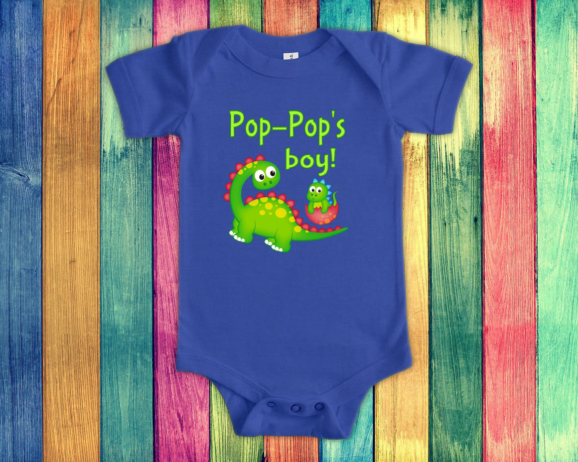 Pop-Pop's Boy Cute Grandpa Name Dinosaur Baby Bodysuit, Tshirt or Toddler Shirt for a Special Grandfather Gift or Pregnancy Announcement