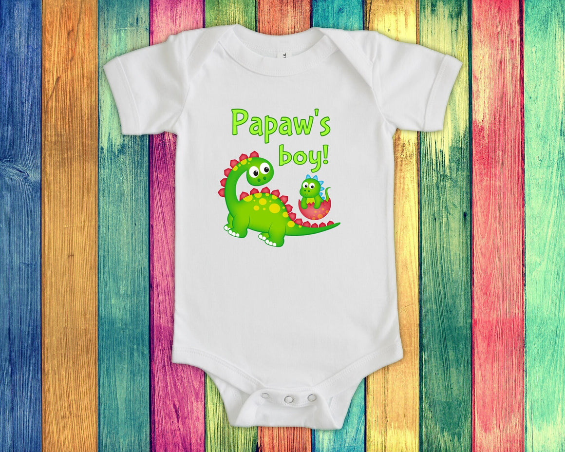 Papaw's Boy Cute Grandpa Name Dinosaur Baby Bodysuit, Tshirt or Toddler Shirt for a Special Grandfather Gift or Pregnancy Announcement