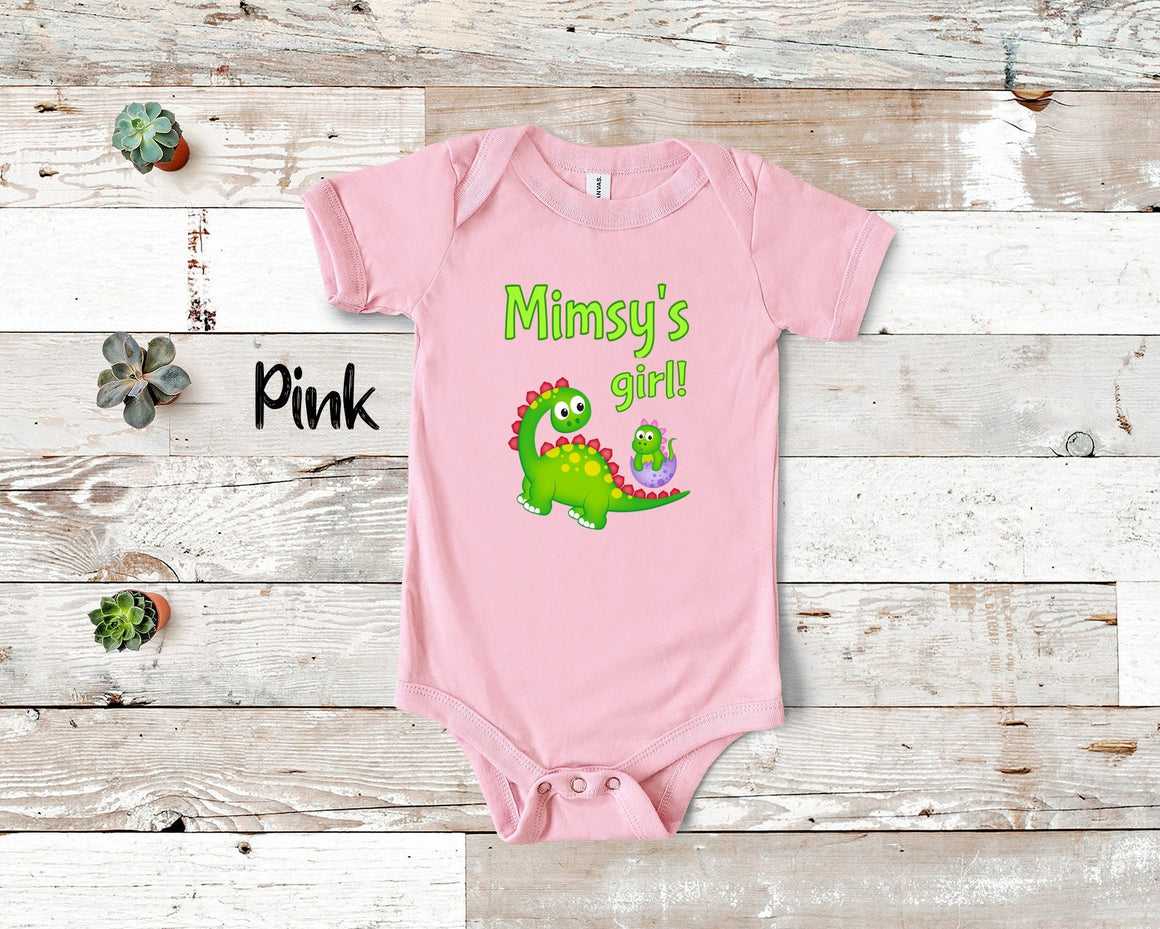Mimsy's Girl Cute Grandma Name Dinosaur Baby Bodysuit, Tshirt or Toddler Shirt for a Special Grandmother Gift or Pregnancy  Announcement