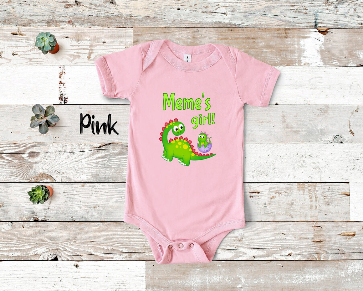 Meme's Girl Cute Grandma Name Dinosaur Baby Bodysuit Tshirt or Toddler Shirt for a Special Grandmother Gift or Pregnancy Reveal Announcement