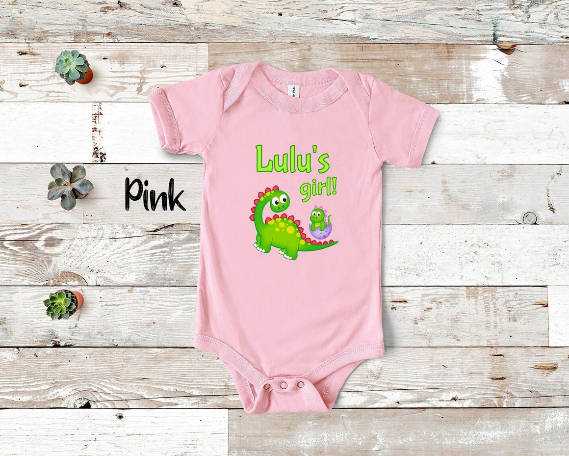 Lulu's Girl Cute Grandma Name Dinosaur Baby Bodysuit, Tshirt or Toddler Shirt for a Special Grandmother Gift or Pregnancy Announcement