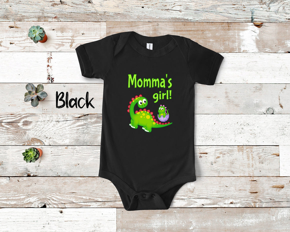 Momma's Girl Cute Mom Name Dinosaur Baby Bodysuit, Tshirt or Toddler Shirt for a Special Mother Gift or Pregnancy Reveal Announcement