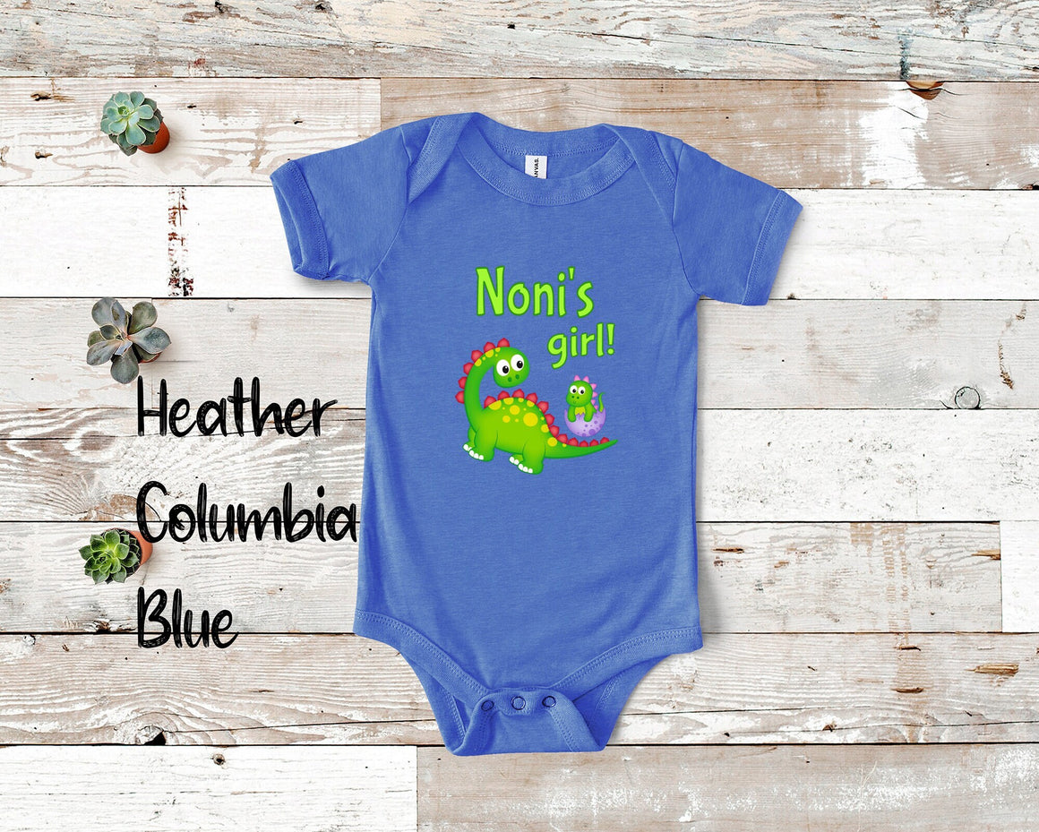 Noni's Girl Cute Grandma Name Dinosaur Baby Bodysuit Tshirt or Toddler Shirt for a Special Grandmother Gift or Pregnancy Reveal Announcement
