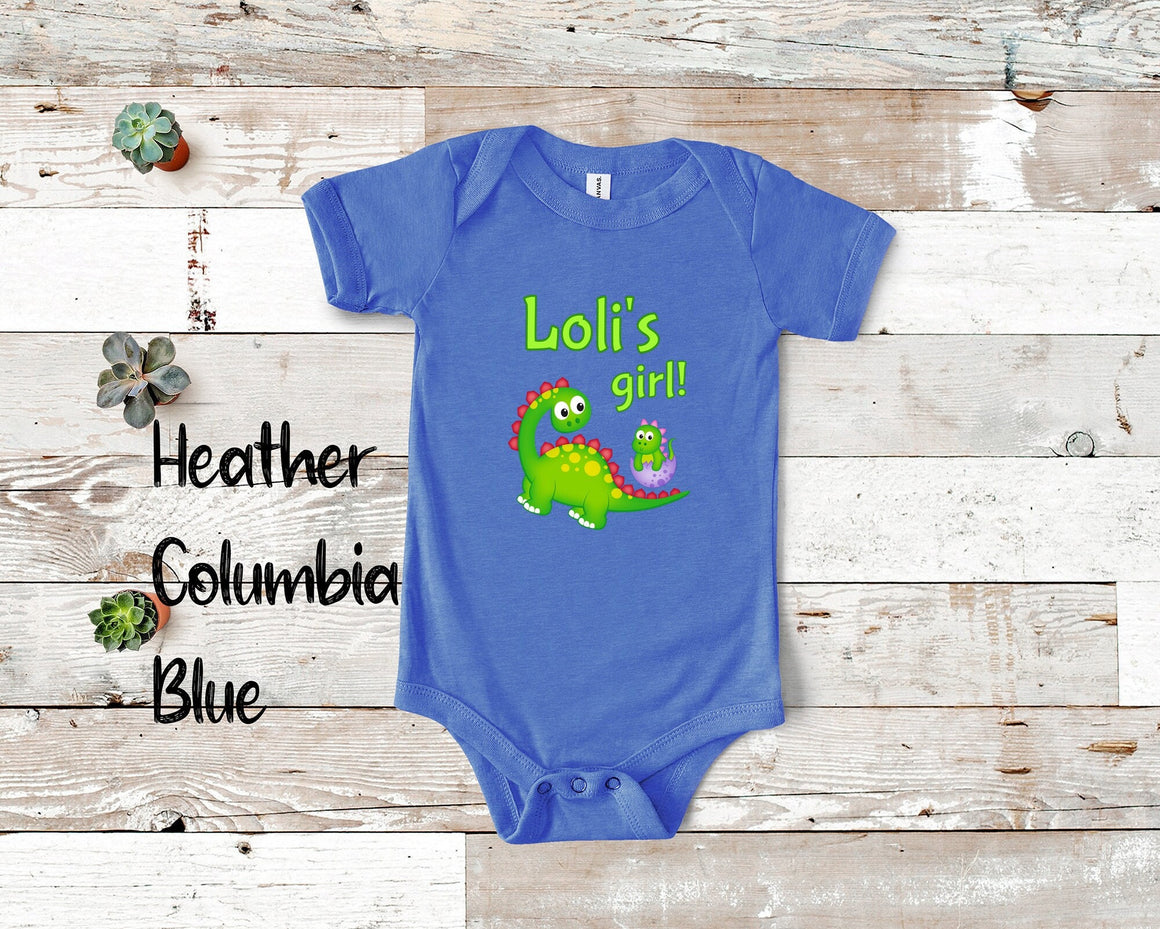 Loli's Girl Cute Grandma Name Dinosaur Baby Bodysuit Tshirt or Toddler Shirt for a Special Grandmother Gift or Pregnancy Reveal Announcement