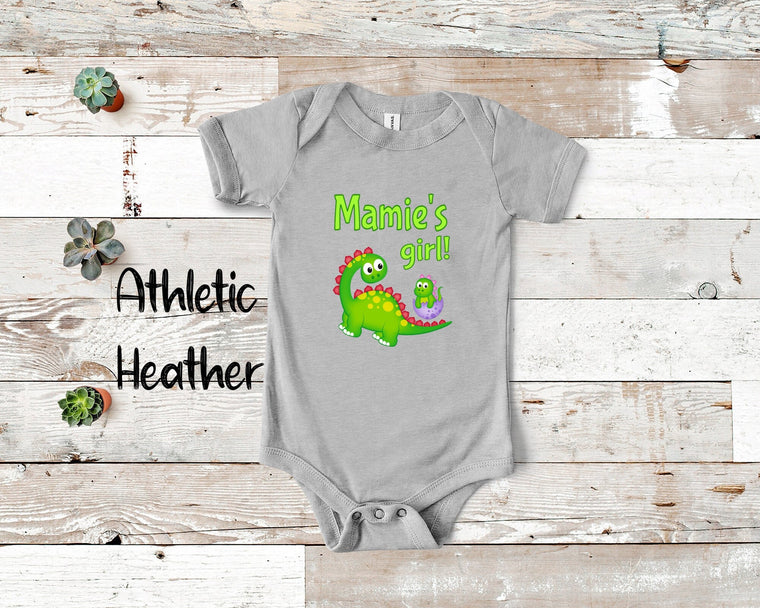 Mamie's Girl Cute Grandma Name Dinosaur Baby Bodysuit, Tshirt or Toddler Shirt for a French Canadian Grandmother Gift or Pregnancy Reveal
