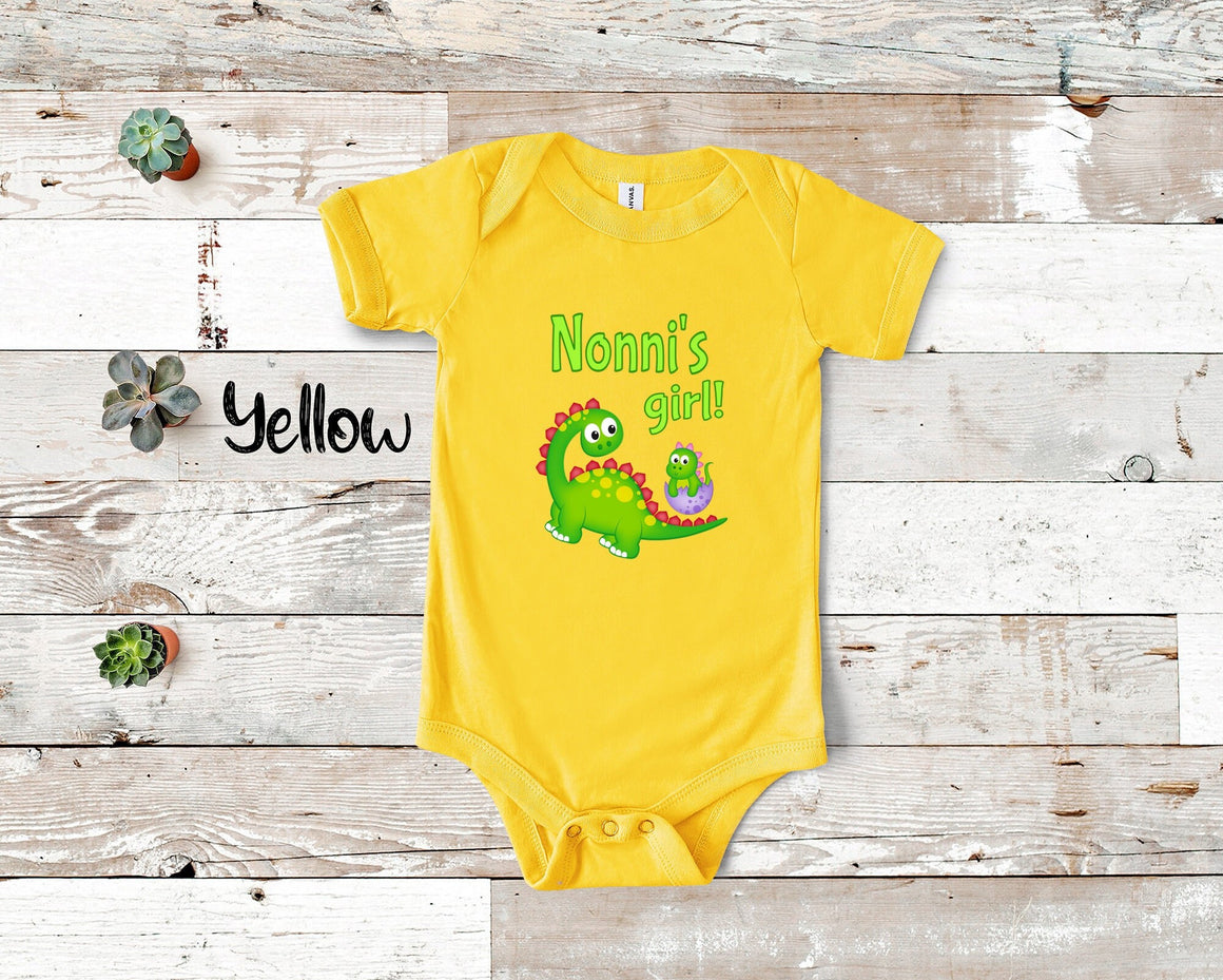 Nonni's Girl Cute Grandma Name Dinosaur Baby Bodysuit, Tshirt or Toddler Shirt for a Italian Grandmother Gift or Pregnancy Announcement