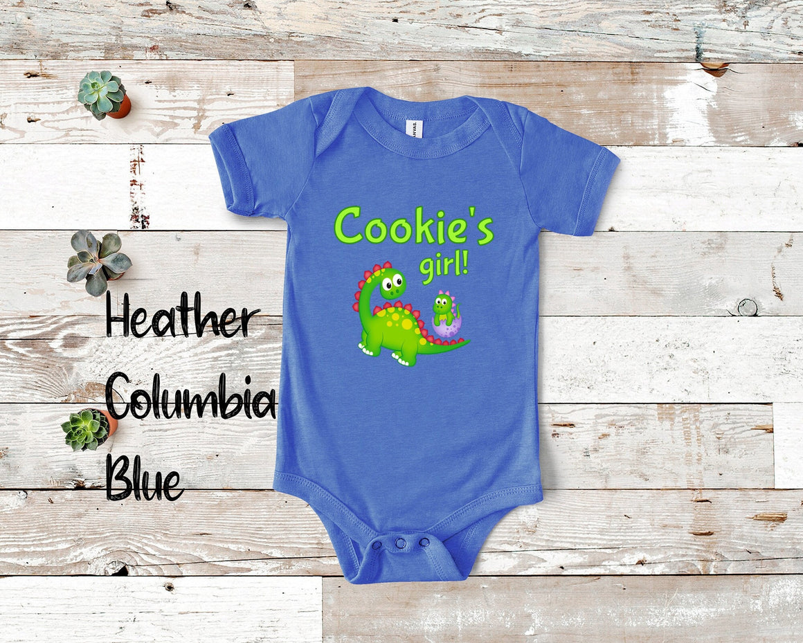 Cookie's Girl Cute Grandma Name Dinosaur Baby Bodysuit, Tshirt or Toddler Shirt for a Special Grandmother Gift or Pregnancy Announcement