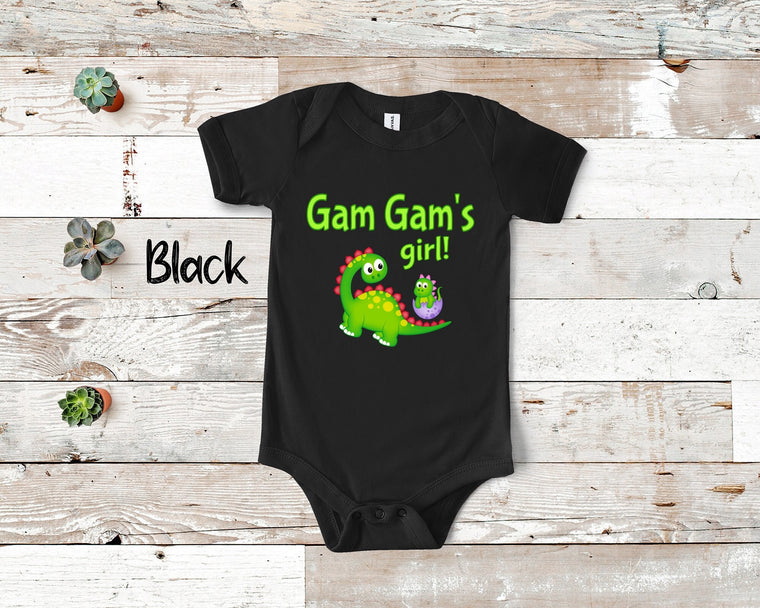 Gam Gam's Girl Cute Grandma Name Dinosaur Baby Bodysuit, Tshirt or Toddler Shirt for a Special Grandmother Gift or Pregnancy Announcement