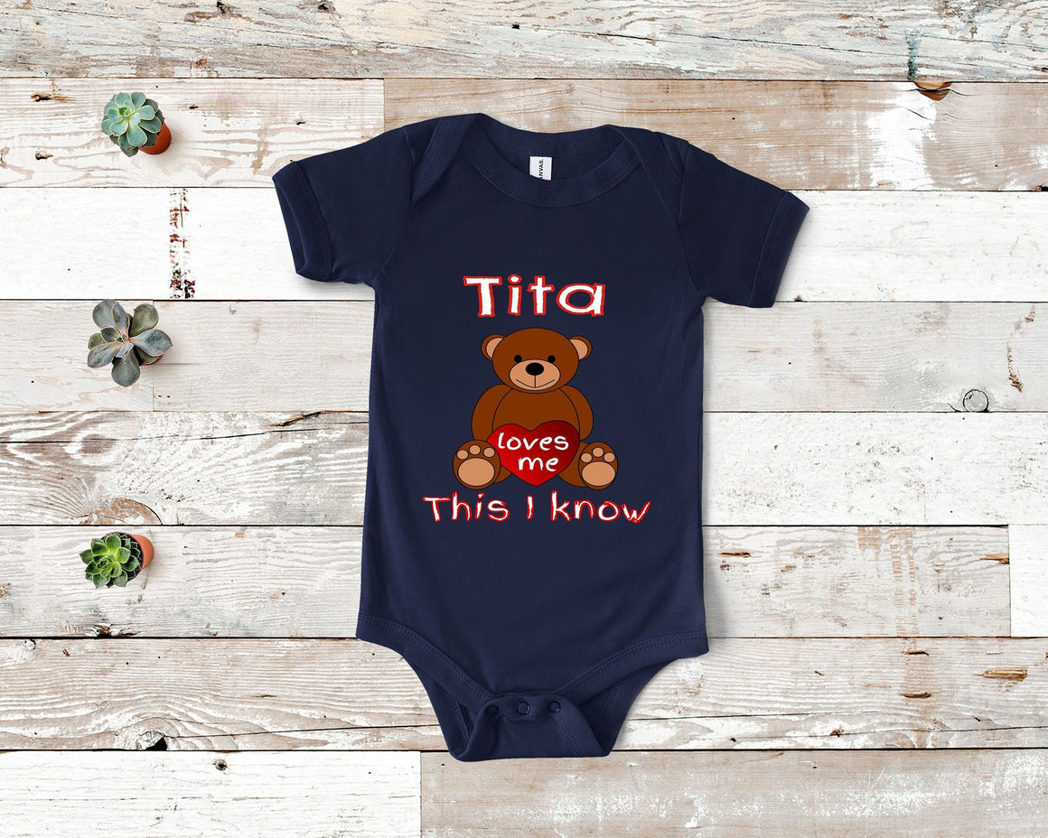 Tita Loves Me Cute Grandma Bear Baby Bodysuit, Tshirt or Toddler Shirt Filipino or Spanish Grandmother Gift or Pregnancy Reveal Announcement